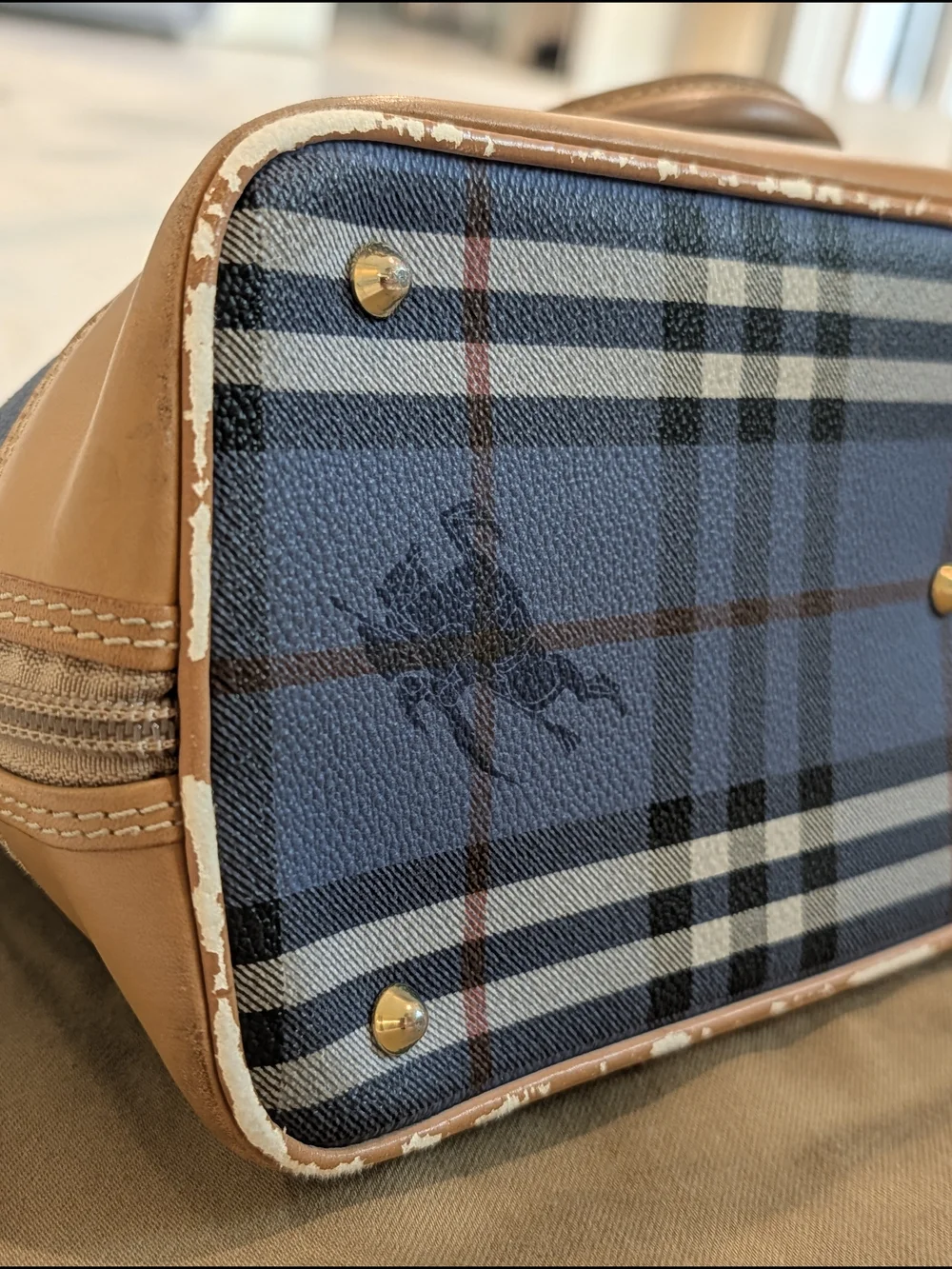 Vintage Burberrys Of London Blue Nova Check Bowling Satchel with Tan Leather